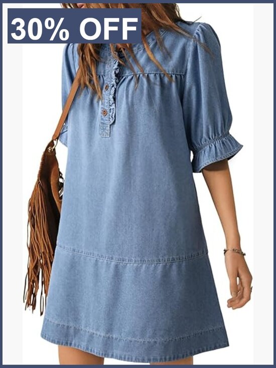 Dresses & Skirts - Denim Babydoll Dress with Short Sleeves and Button Front